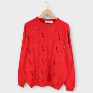 Vintage St Croix Sweater Men's Large 3D Knit Crewneck Red Geometric USA Made